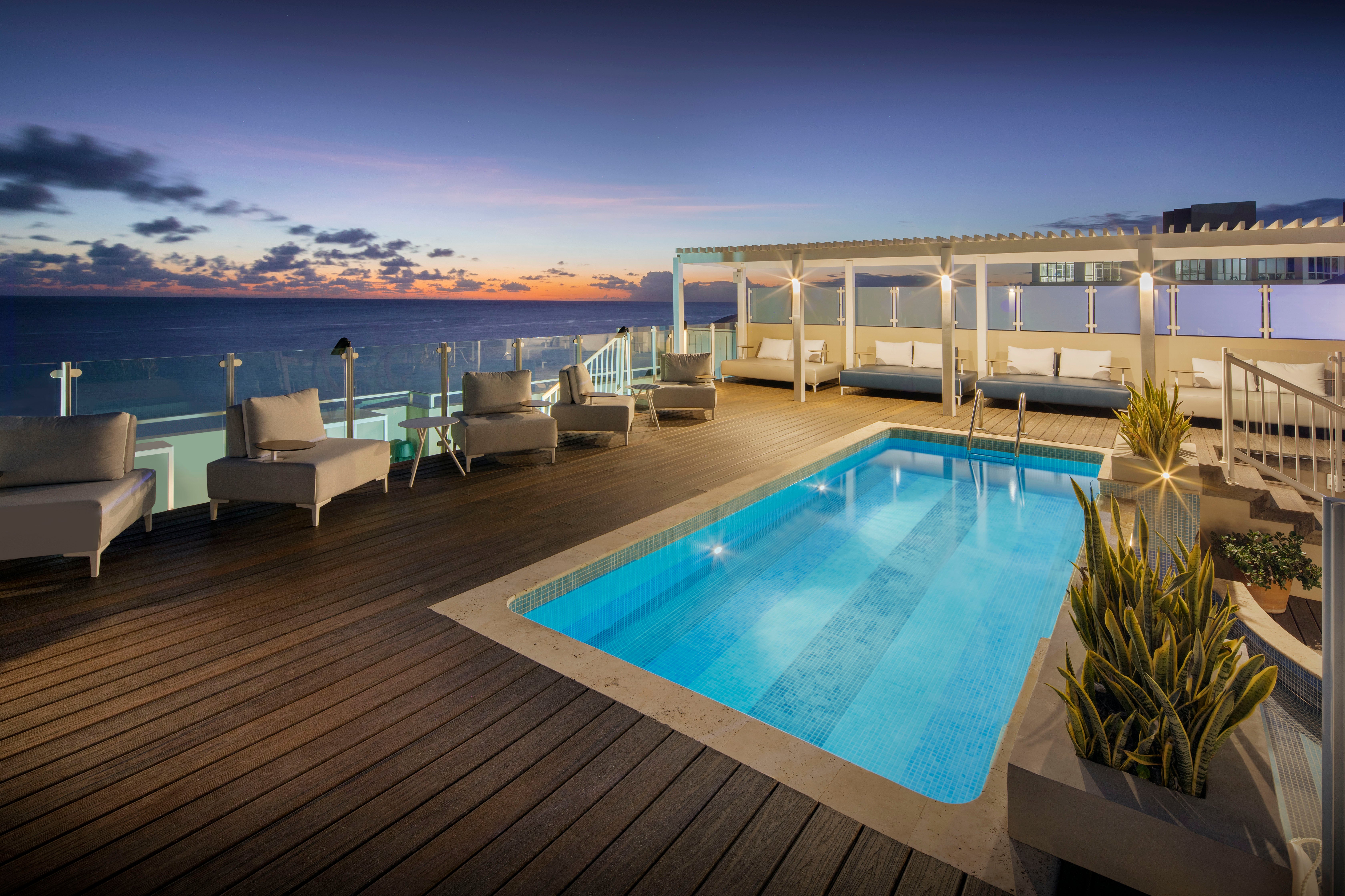 Rooftop pools at O2 Beach Club offer enviable views over the coast