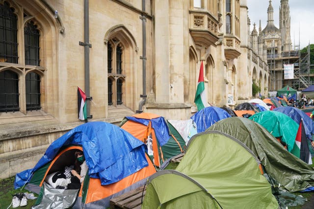 An encampment protest took place over the Gaza conflict on Kings Parade at Cambridge University (PA)