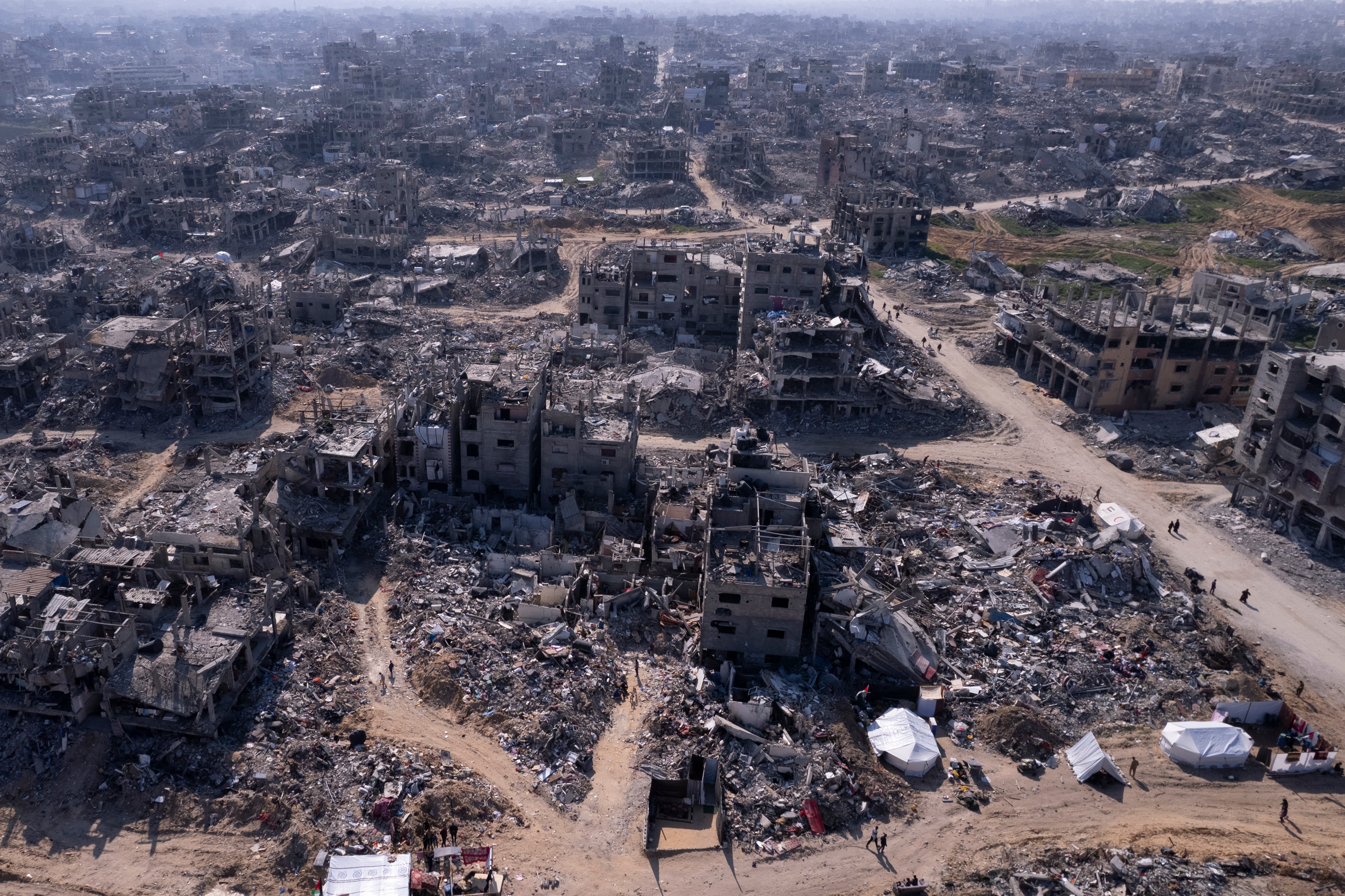 An aerial photograph taken by a drone shows the destruction caused by the Israeli air and ground offensive in Jabalia, Gaza Strip