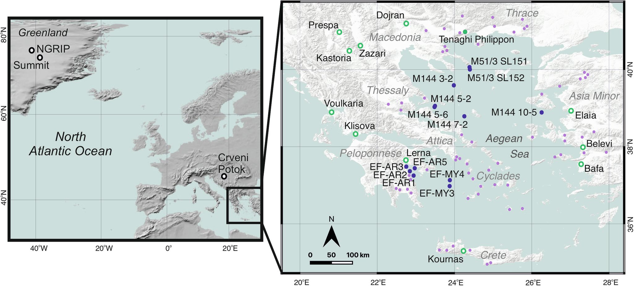 Map of the sediment cores analysed in the study