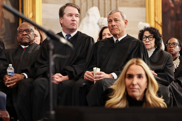 <p>From left, Supreme Court Justice Clarence Thomas, Supreme Court Justice Brett Kavanaugh, Supreme Court Chief Justice John Roberts, Supreme Court Justice Sonia Sotomayor and Supreme Court Justice Ketanji Brown Jackson listen as President Donald Trump speaks during the 60th Presidential Inauguration in the Rotunda of the U.S. Capitol on Jan. 20</p>
