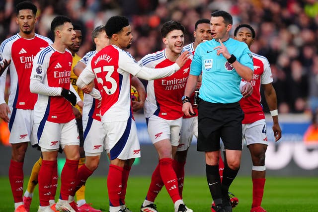 <p>Arsenal players were furious at Myles Lewis-Skelly’s red card</p>