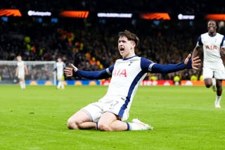 Mikey Moore celebrates scoring Tottenham’s third goal in a 3-0 win over Elfsborg last season (Adam Davy/PA)
