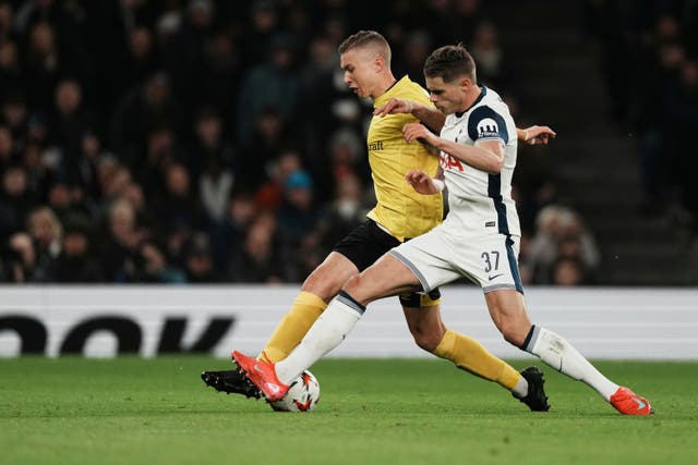 Micky van de Ven, right, in action for Tottenham against Elfsborg (Dave Shopland/AP)