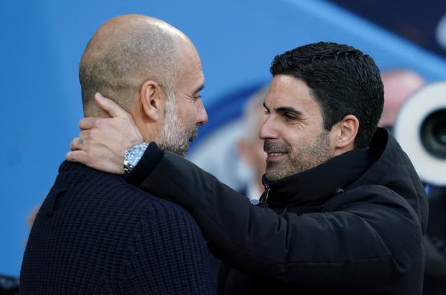 <p>Pep Guardiola feels Mikel Arteta’s Arsenal are the ‘best team in the world’ (Martin Rickett/PA)</p>