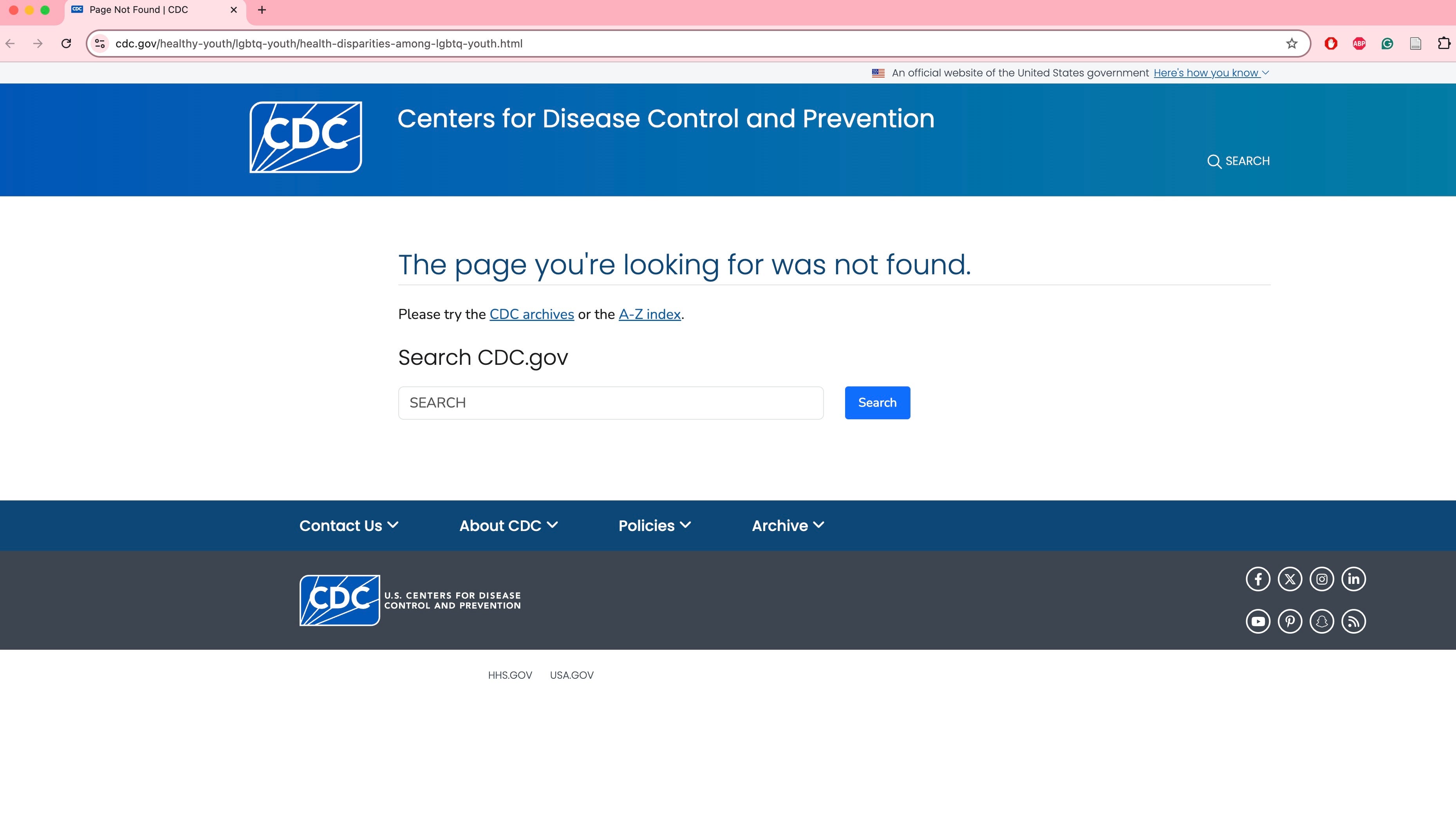 A page related to LGBT+ youth and health disparities no longer exists on the Centers for Disease Control and Prevention website. The page discussed how to support the group