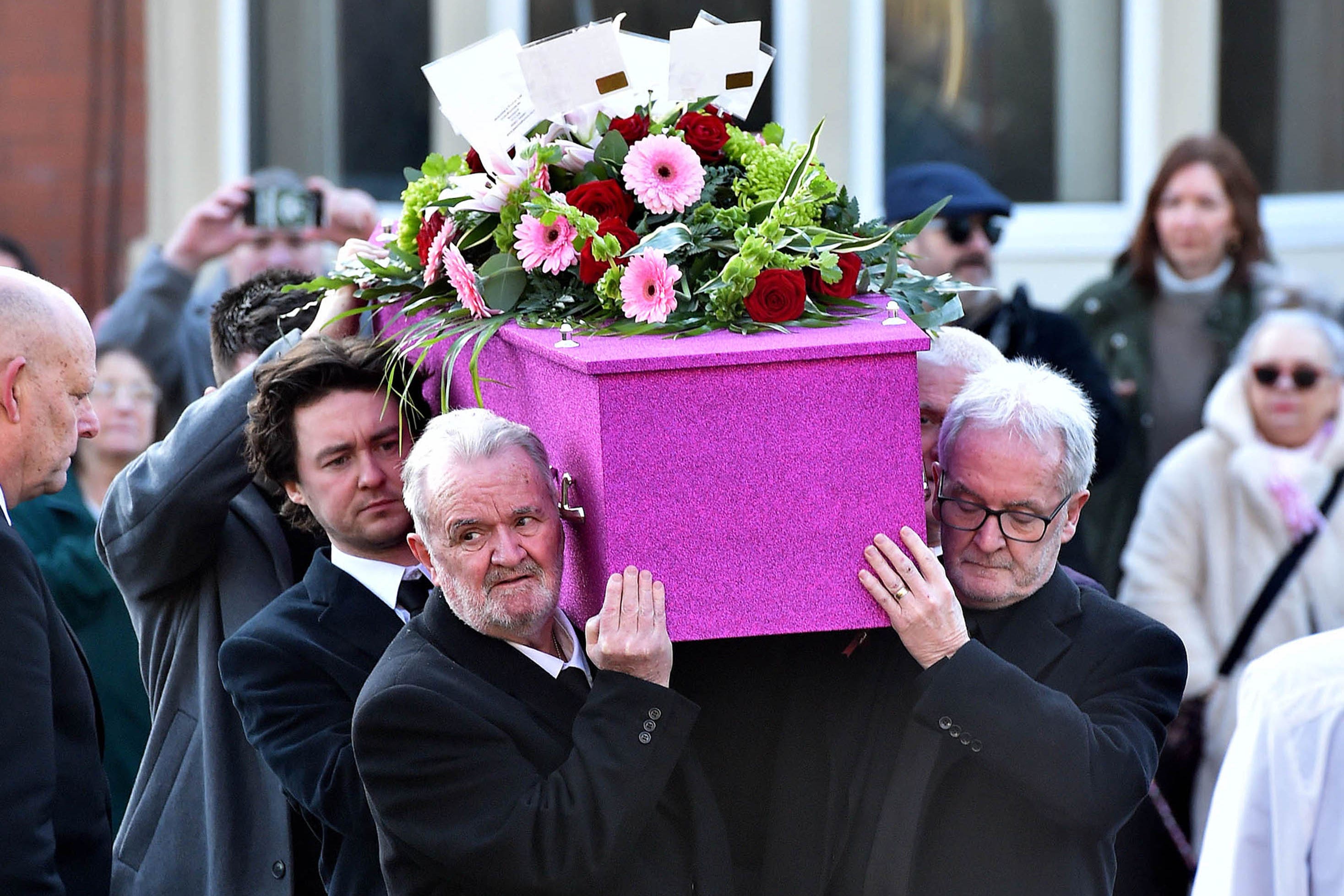 The coffin arrives at St Paul’s Church in Blackpool for the funeral of Linda Nolan (Steve Allen/PA)