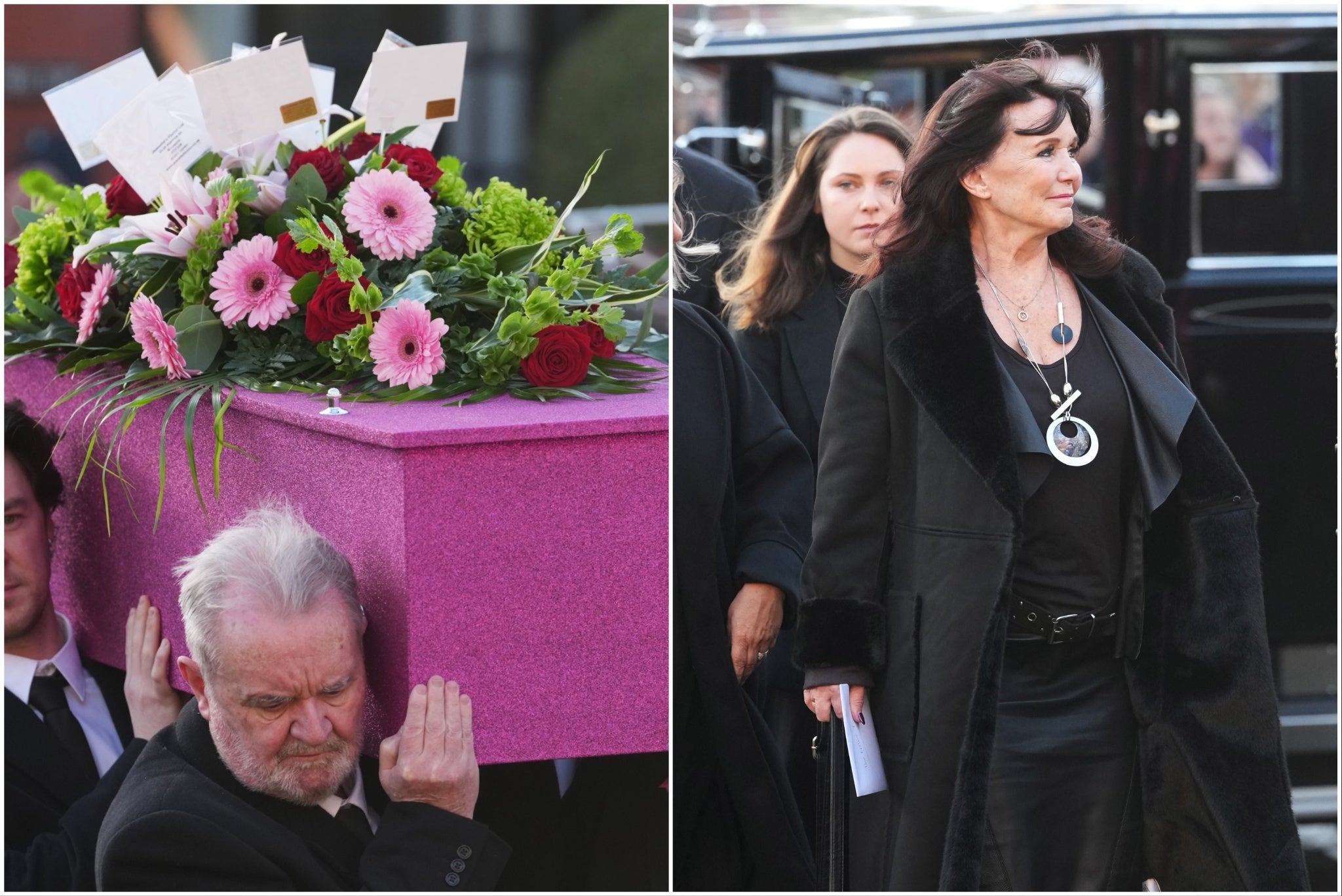 <p>The coffin of Linda Nolan is carried into St Paul’s Church, Blackpool. Right, her sister Coleen attends the funeral service.</p>