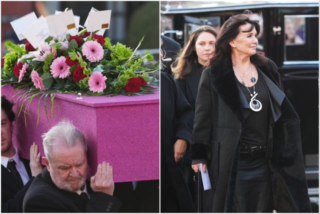 <p>The coffin of Linda Nolan is carried into St Paul’s Church, Blackpool. Right, her sister Coleen attends the funeral service.</p>