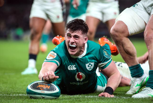 <p>Dan Sheehan celebrates after scoring the home team’s fourth try </p>