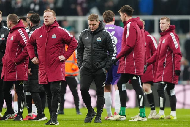 Newcastle boss Eddie Howe (centre) was left “hugely frustrated” by a second-successive Premier League defeat at St James’ Park (Owen Humphreys/PA)