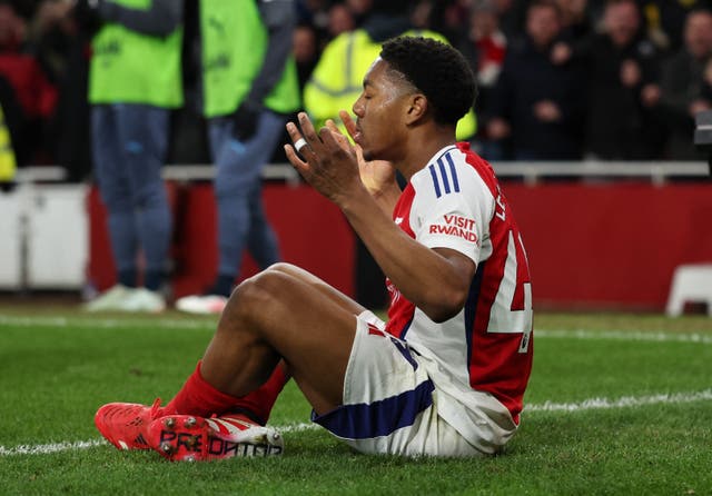 <p>Myles Lewis-Skelly celebrates scoring against Manchester City by copying Haaland’s celebration</p>
