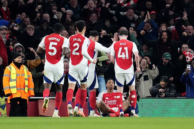 Myles Lewis-Skelly copied Erling Haaland’s celebration in Arsenal’s rout (Adam Davy/PA)