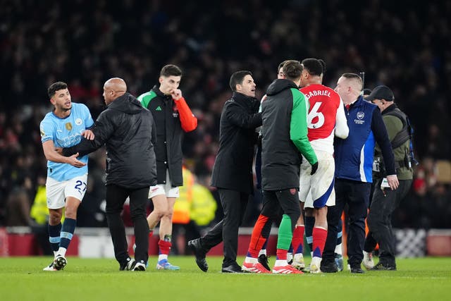 Mikel Arteta intervenes as tempers flare between Arsenal’s Gabriel and Manchester City’s Matheus Nunes at full-time (Adam Davy/PA)