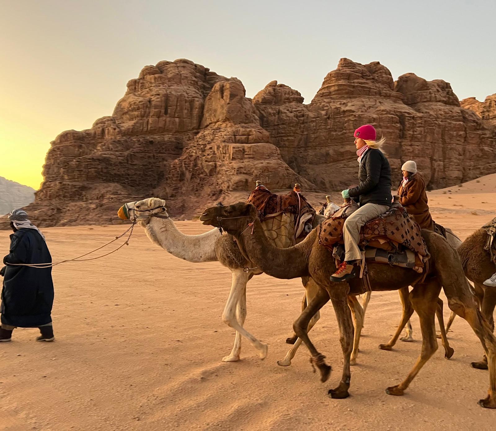 Camel trekking across Wadi Rum desert