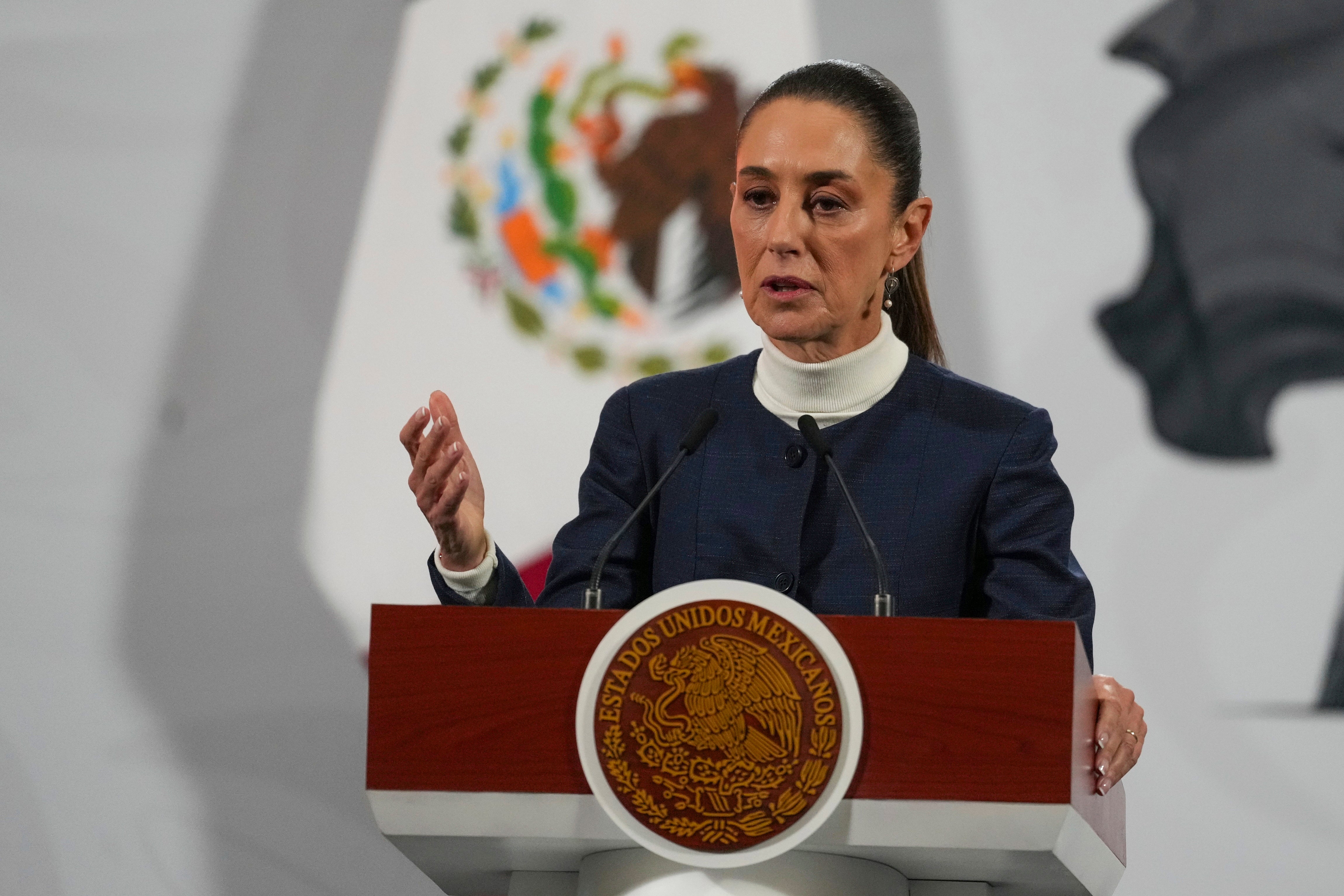 Mexican President Claudia Sheinbaum gives her daily morning press conference at the National Palace in Mexico City on Feb. 3