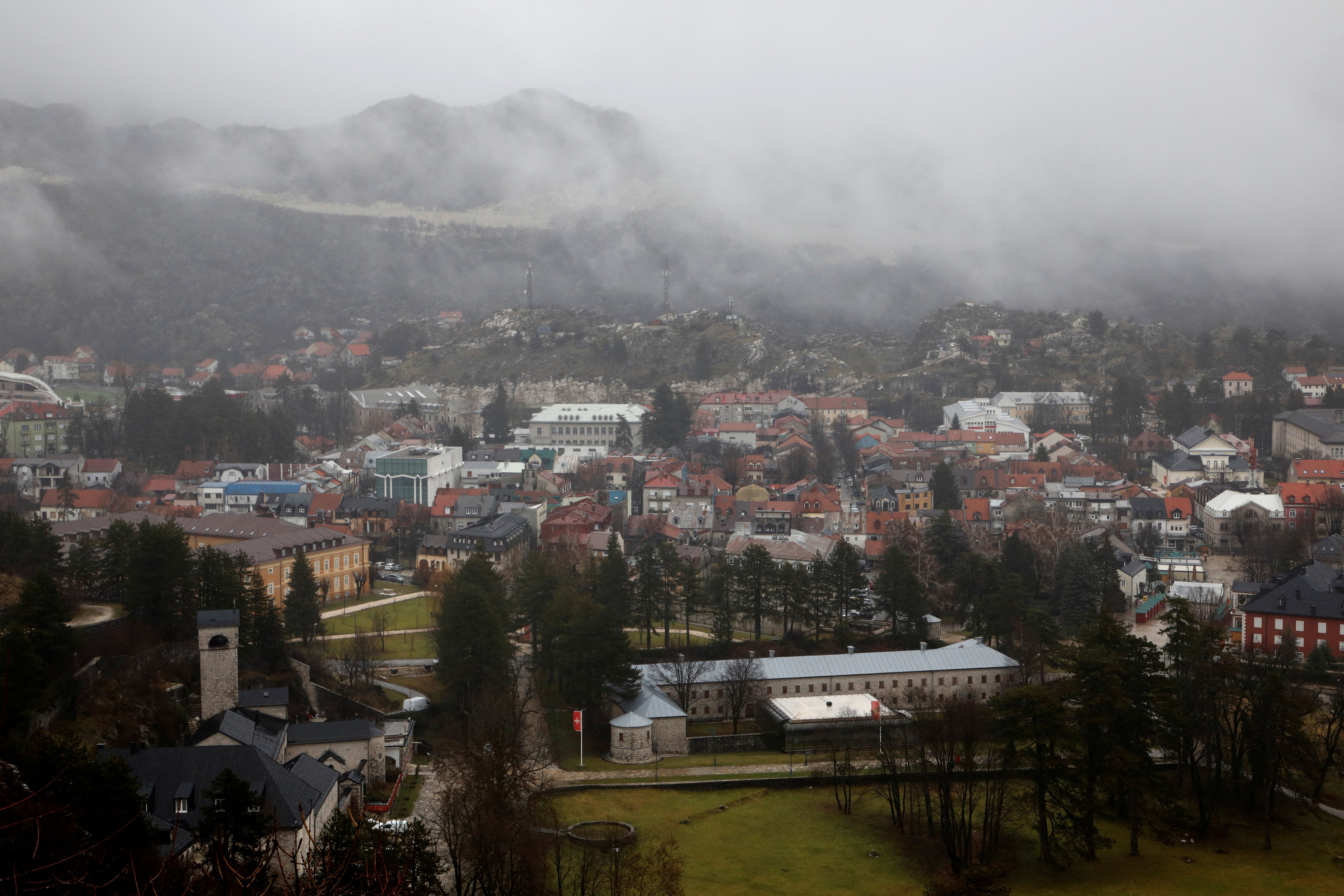 Morning fog rises over town, a week after a deadly shooting in Cetinje, Montenegro, January 9, 2025