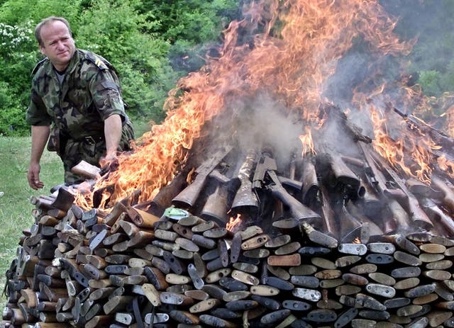 <p> Illegally owned firearms that were handed over by Montenegrin citizens at early days of action called ‘Respect the life, return your weapons’ are destroyed in Niksic, Montenegro, May 27, 2003</p>