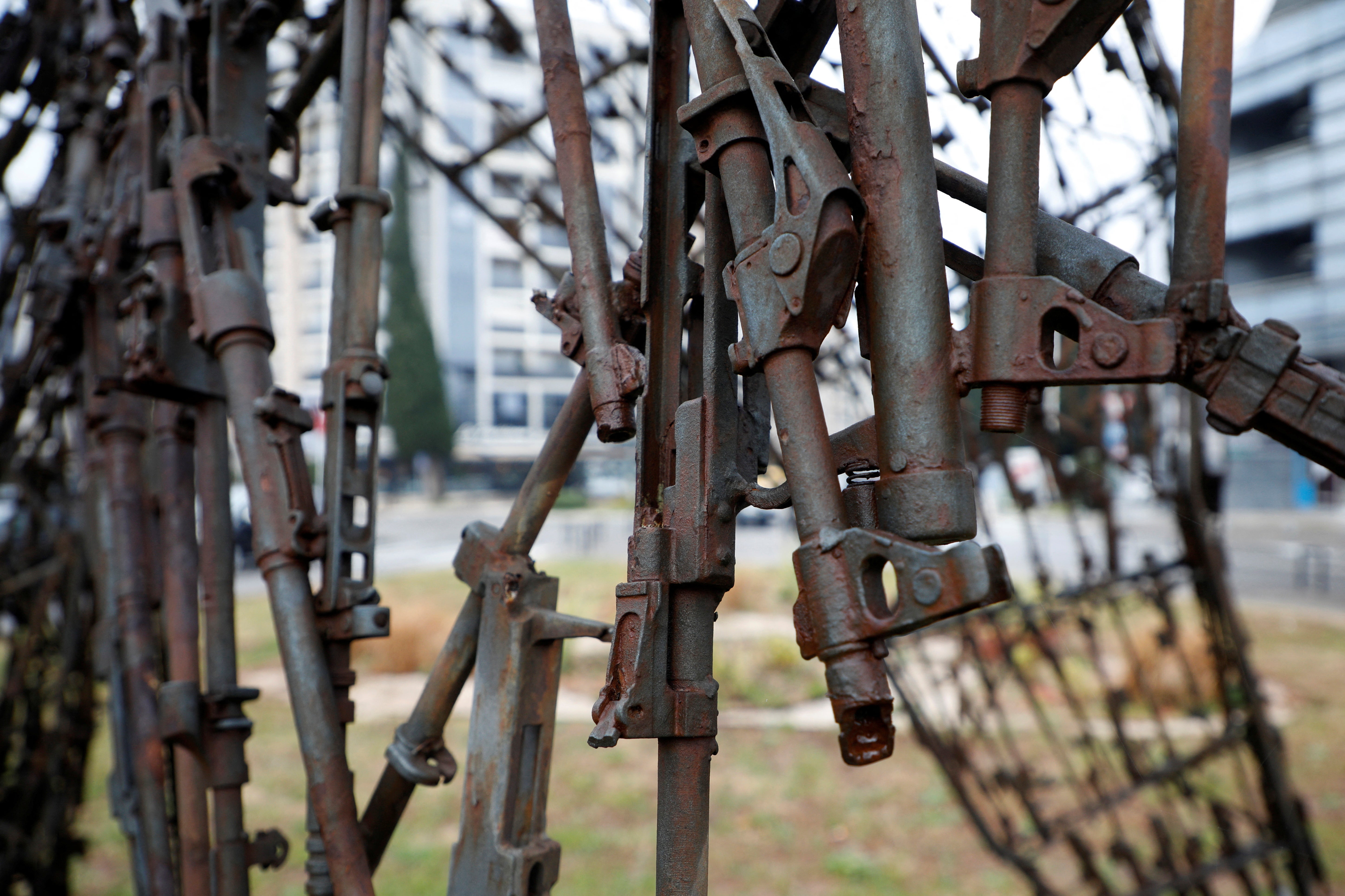 Weapon parts are welded in “Bird of Peace” monument made of collected guns in Podgorica, Montenegro, January 10, 2025