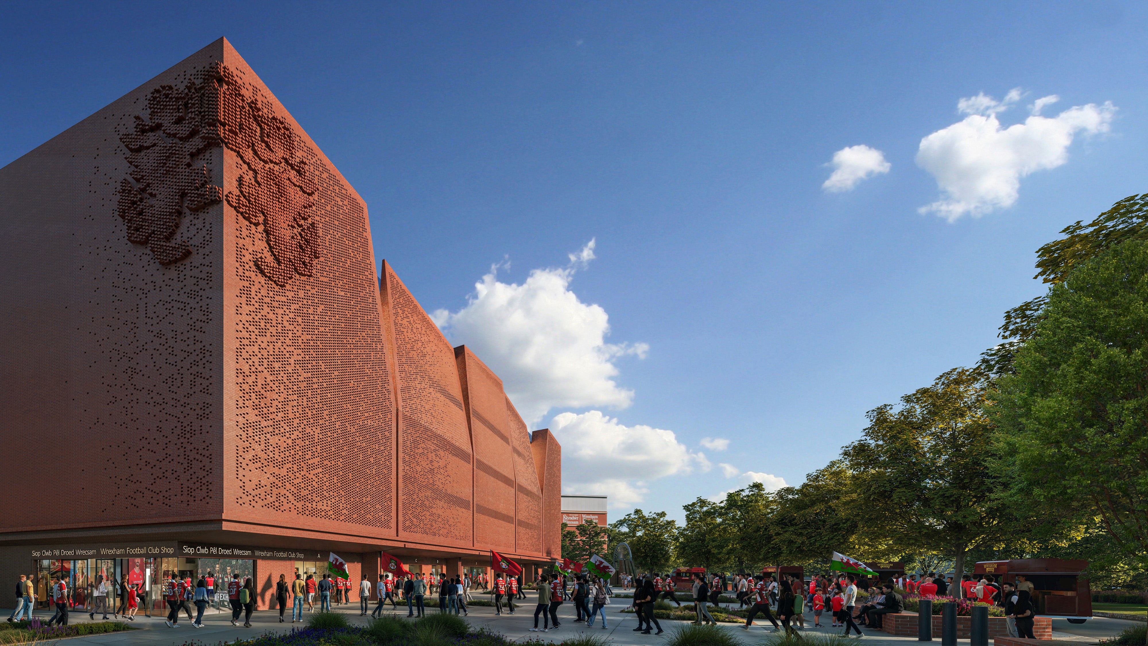 Two dragons from the club's crest are prominently embossed into the brick facade at one corner of the stand.