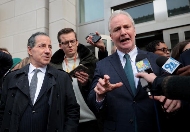<p>Maryland Democratic Representative Jaimie Raskin (left) and Senator Chris Van Hollen (R-Md.) speak at a press conference outside of USAID headquarters in Washington, D.C. Monday </p>
