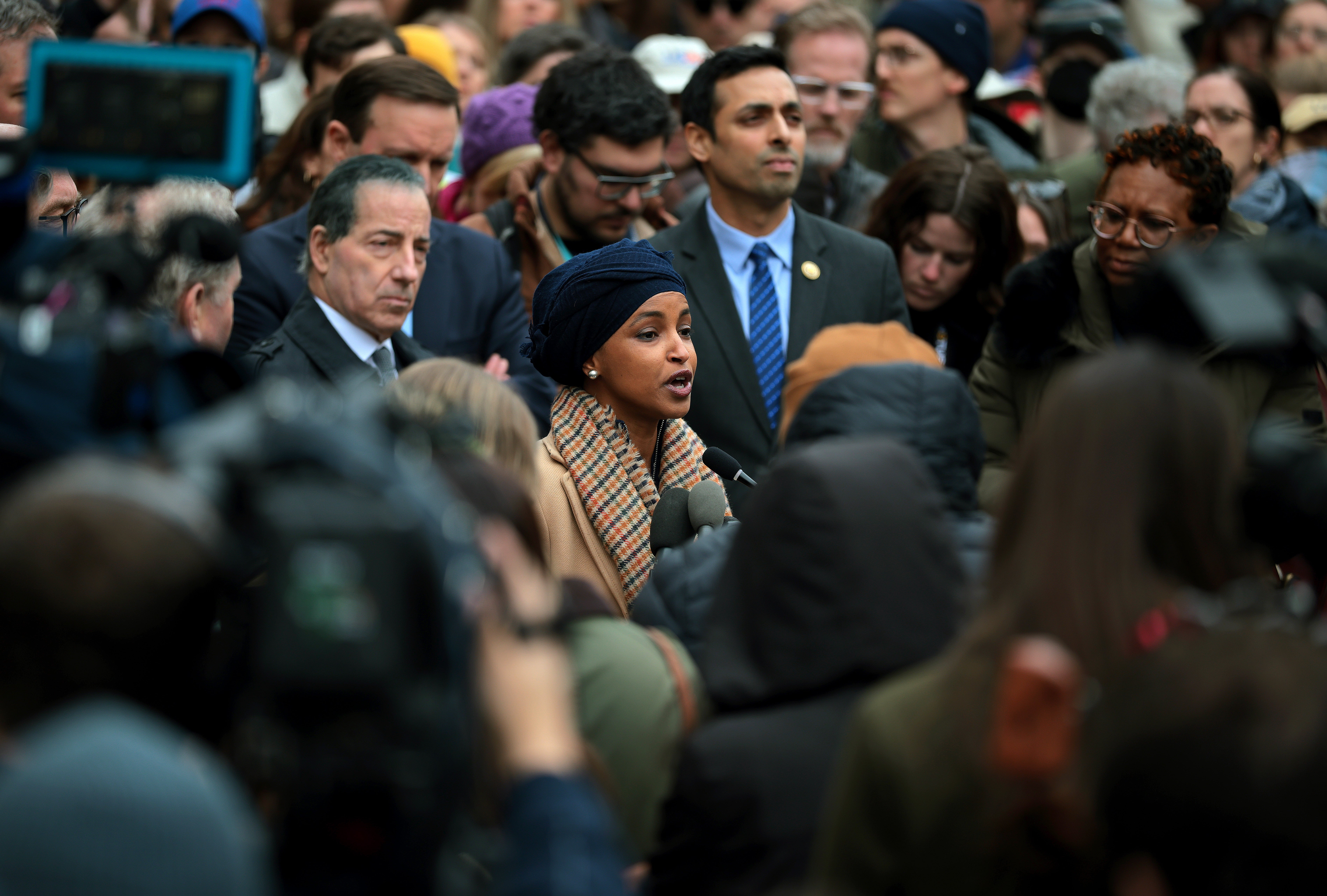 U.S. Rep. Ilhan Omar (D-MN) speak at a press conference outside of USAID headquarters on February 03, 2025 in Washington, DC.