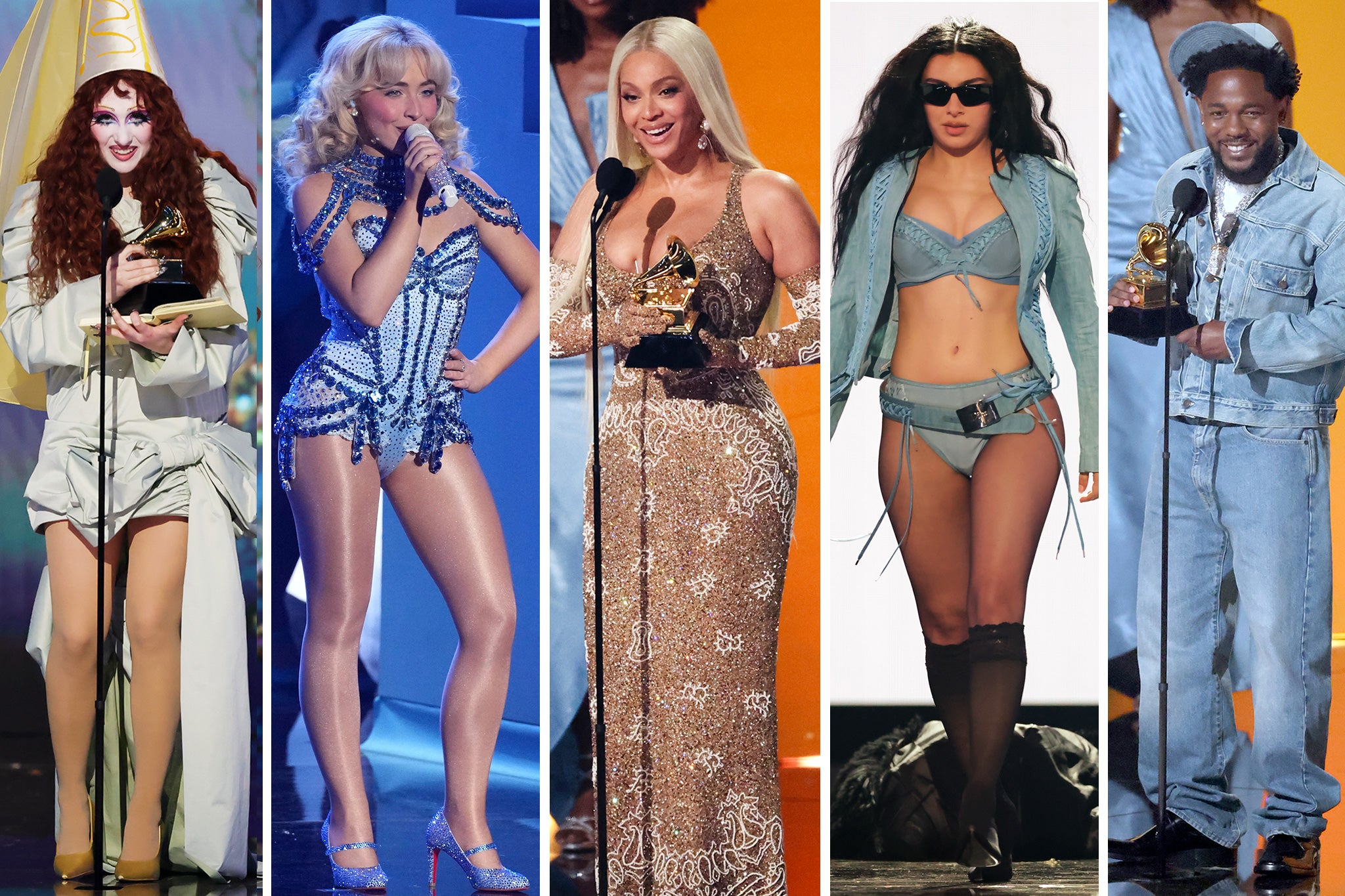 L-R: Chappell Roan, Sabrina Carpenter, Beyonce, Charli XCX and Kendrick Lamar all had big nights at the Grammy Awards