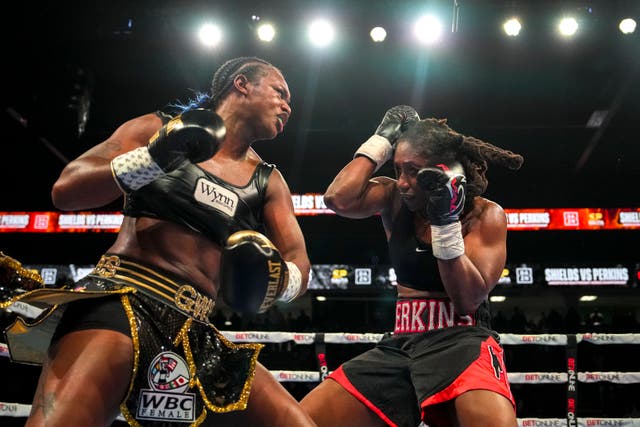 <p>Claressa Shields (left) during her decision win against Danielle Perkins</p>