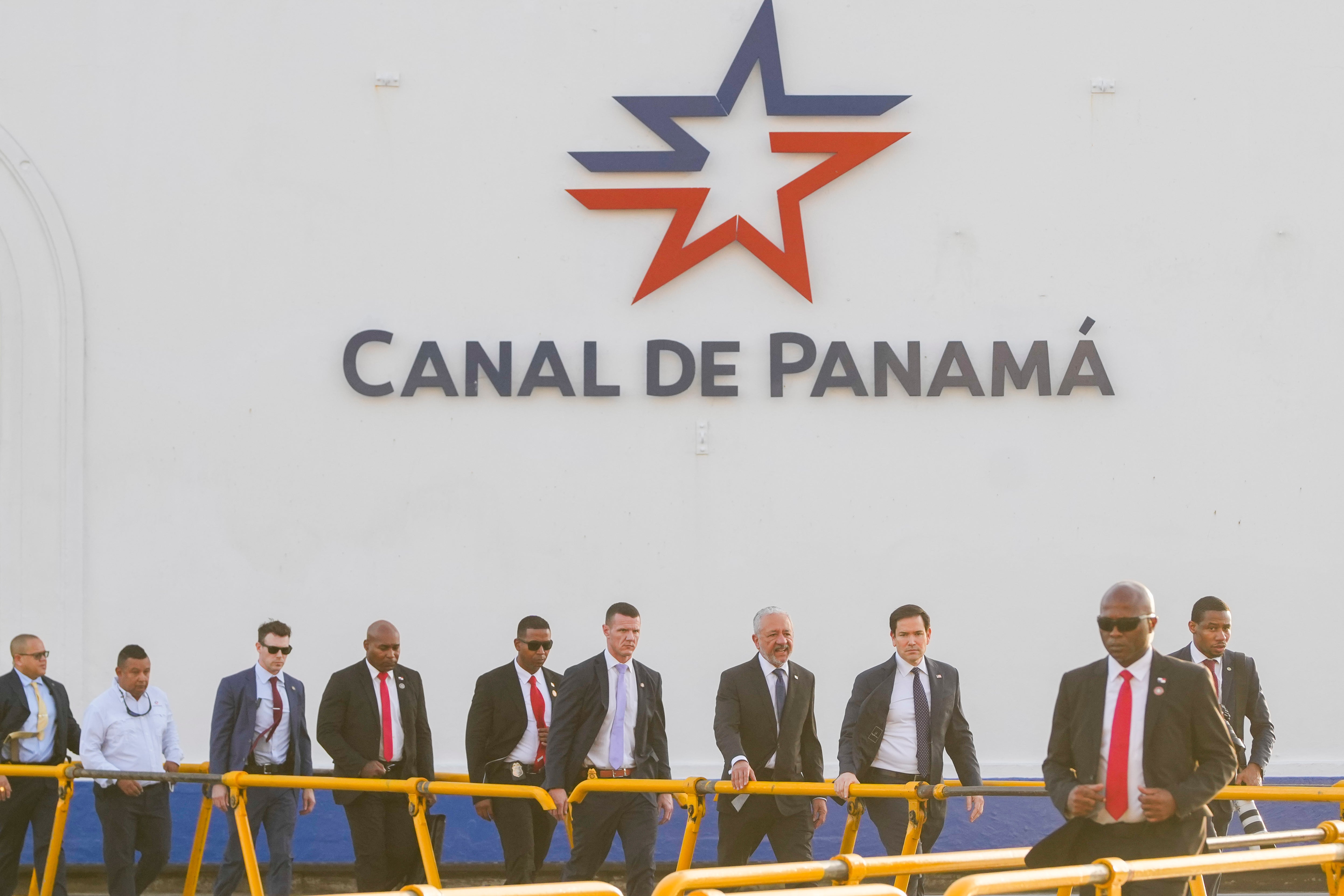 U.S. Secretary of State Marco Rubio, third from right, tours the Miraflores Locks at the Panama Canal in Panama City,