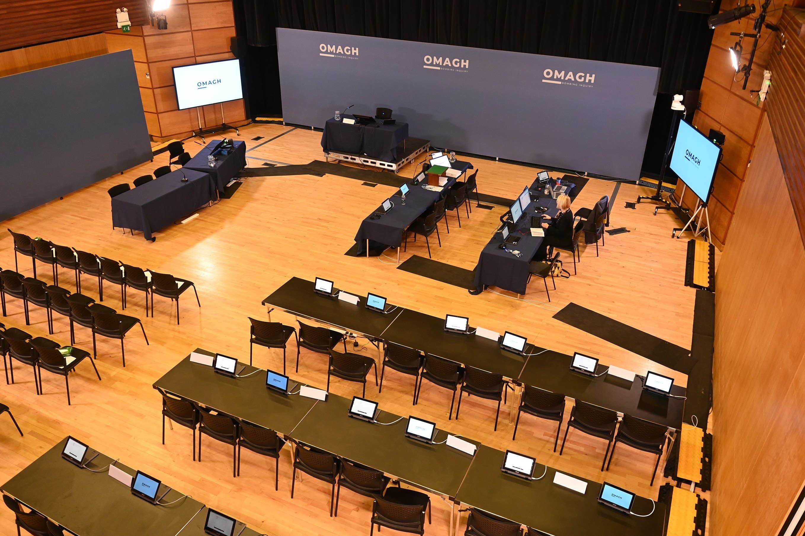 The hearing room at the Strule Arts Centre in Omagh, Co Tyrone, ahead of the first substantive hearing in the Omagh Bombing Inquiry (Michael Cullen/Ulster Herald/PA)