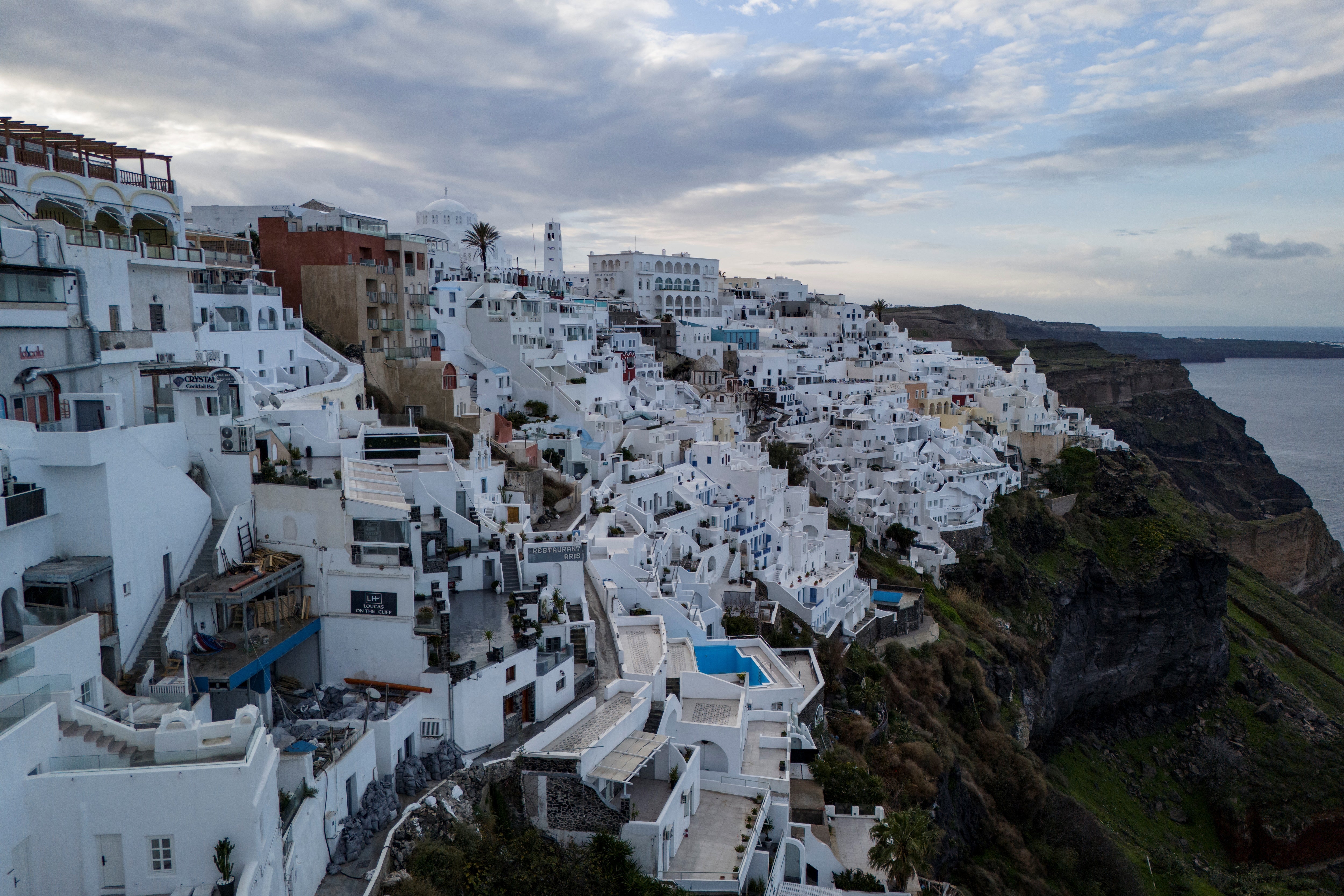 A photo shows a view of the town of Fira on the Greek Island of Santorini on February 4
