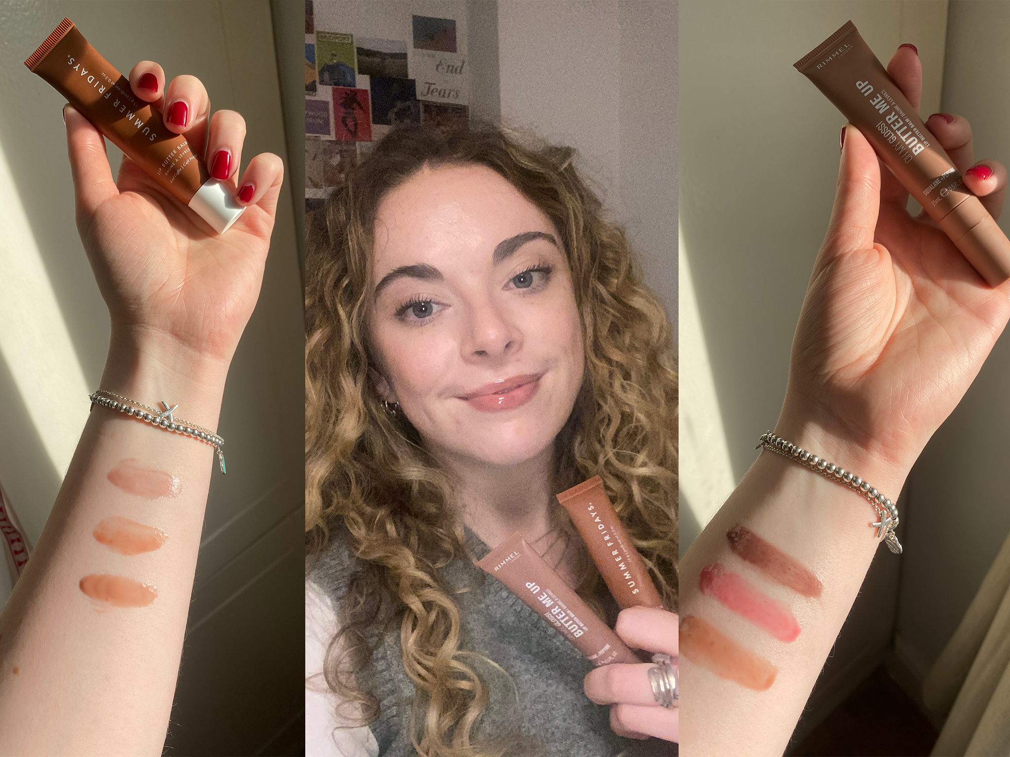 Swatches of the tried and tested lip glosses. In the centre photo, Ella wears brown sugar by Summer Fridays