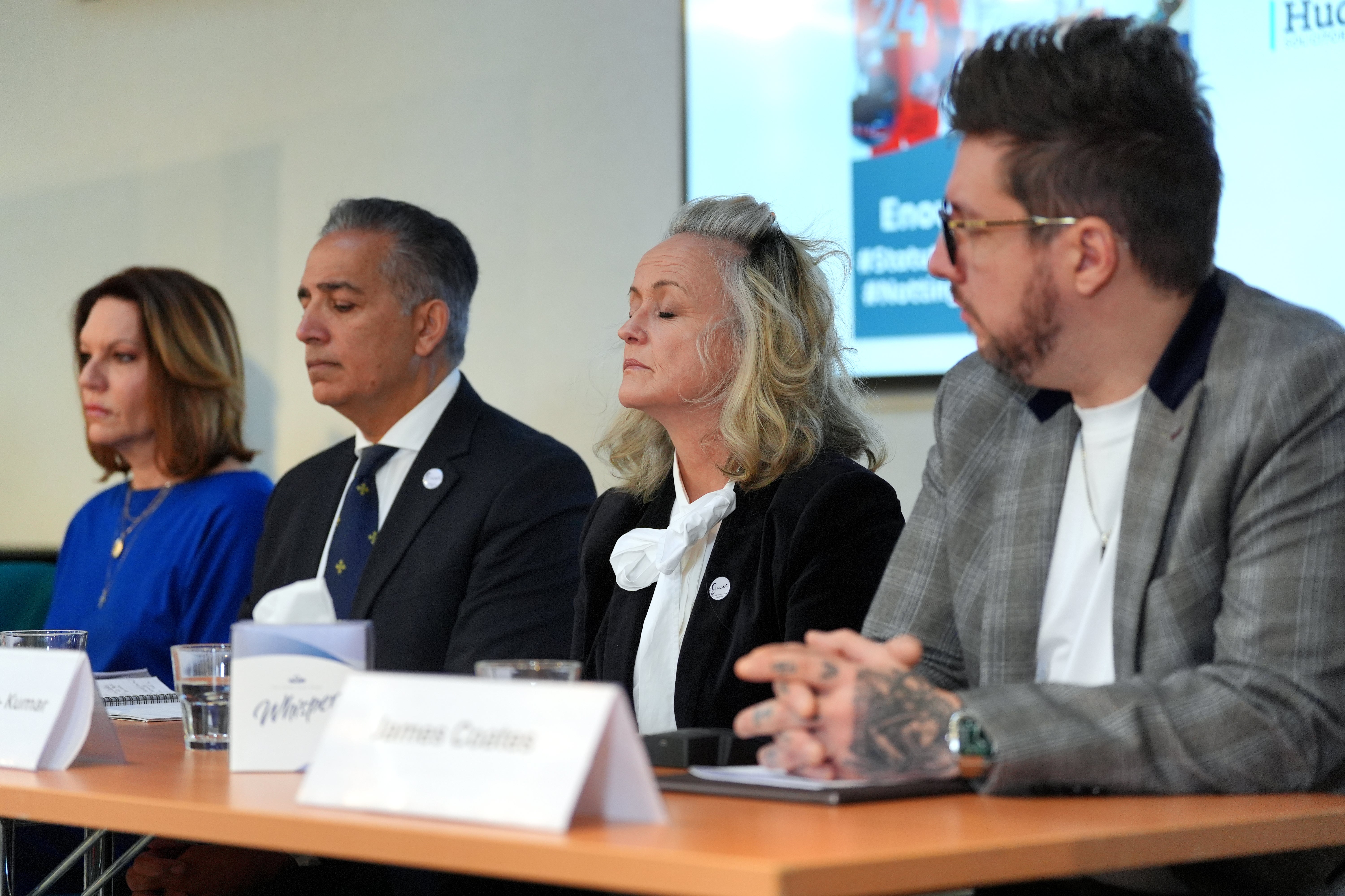 From left: Emma Webber, the mother of Barnaby Webber, Sanjoy Kumar and Sinead O'Malley, the parents of Grace O'Malley-Kumar, and James Coates, son of Ian Coates, speak to the media