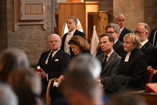 (LR, the first column) Sweden's King XVI, Sweden's Queen Sylvia, Sweden Prime Minister Wolf Crysterson and his wife Birgitta Ed will attend Service.