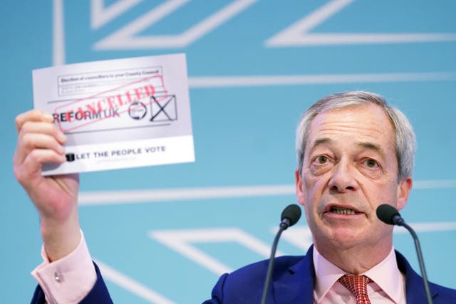 <p>A FindOutNow poll put Nigel Farage’s Reform top with 29 per cent, 11 points ahead of the Tories on 18 per cent in third and four ahead of Labour on 25 per cent</p>