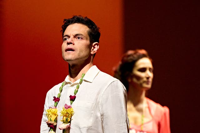 <p>Rami Malek (Oedipus) and Indira Varma (Jocasta) in ‘Oedipus’ at The Old Vic</p>