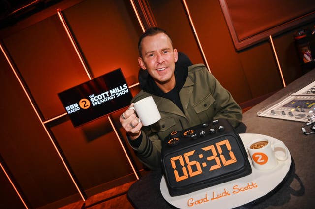 <p>Scott Mills hosting his first BBC Radio 2 Breakfast Show (BBC/PA)</p>