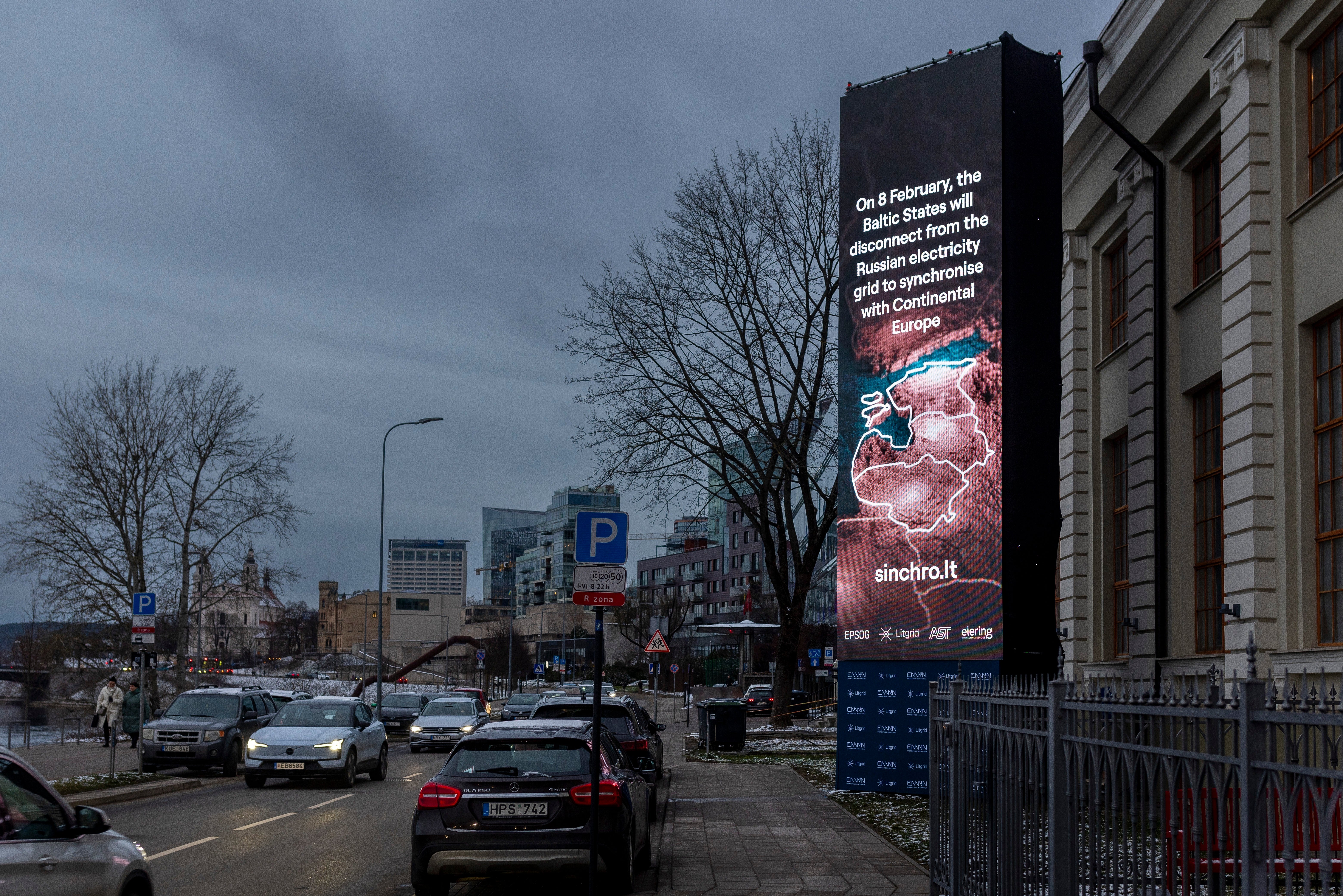 A screen near the Energy Museum and Mindaugas Bridge indicates that on February 8 the Baltic States