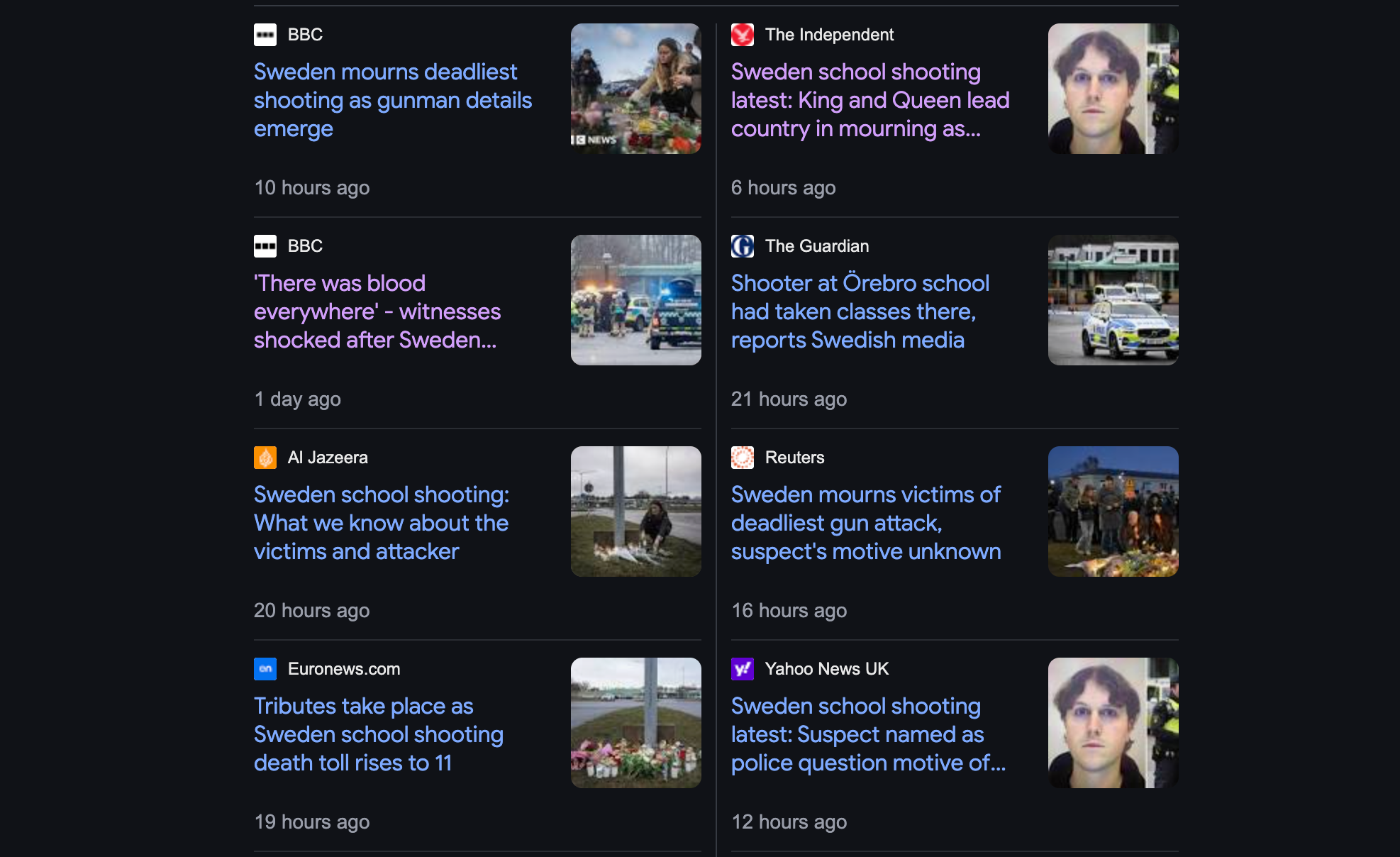Screenshot of a google search of 'Sweden school shooting'