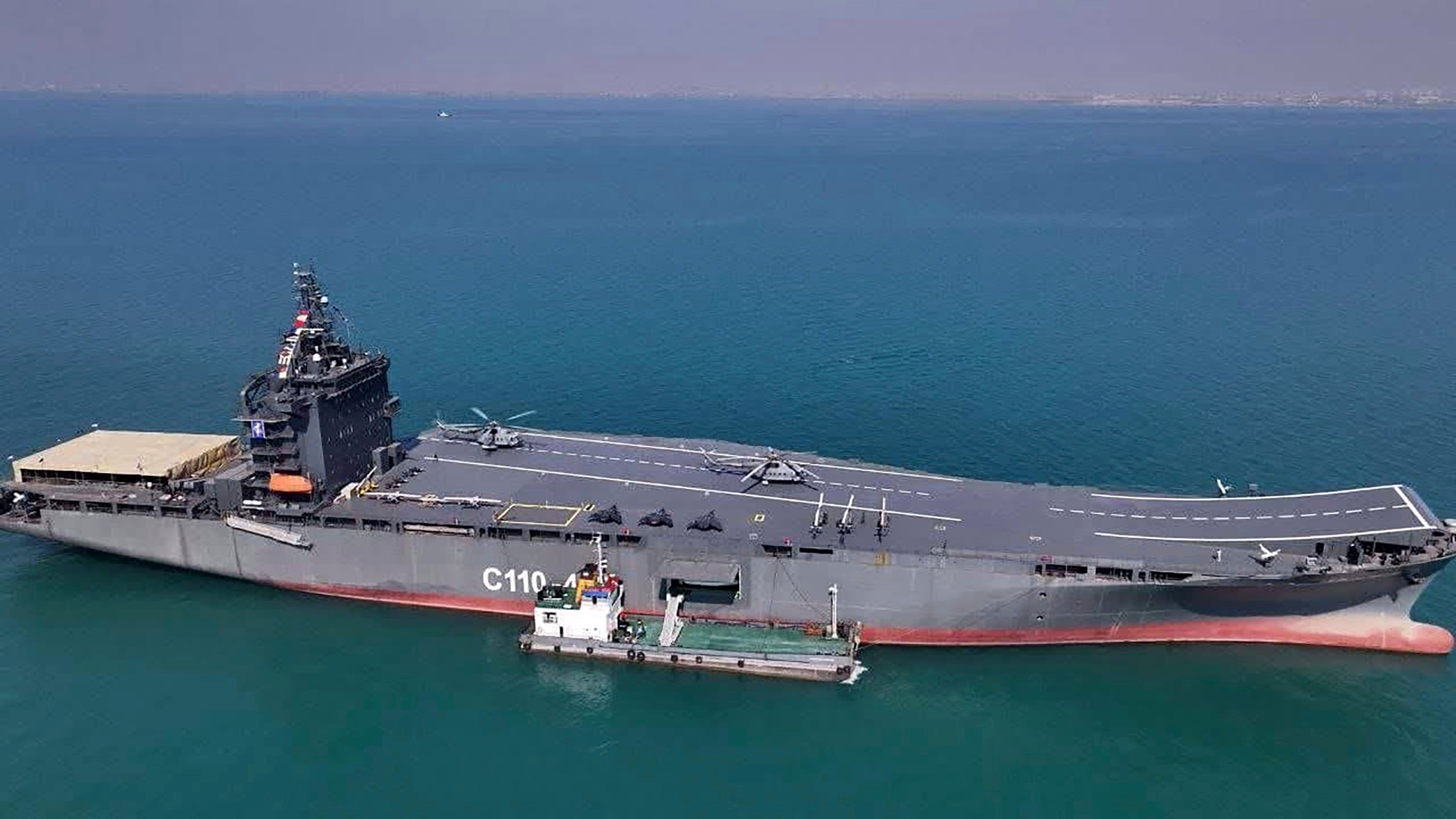 This image provided Thursday, Feb. 6, 2025, by Sepahnews of the Iranian Revolutionary Guard, shows Iran's first drone-carrier warship in the Persian Gulf. (Sepahnews via AP)