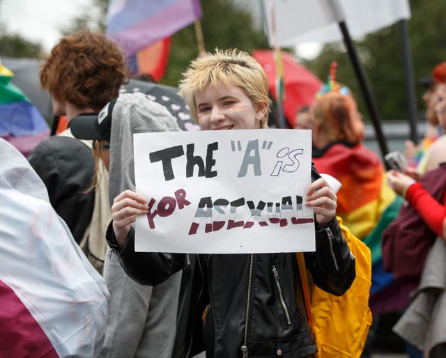 <p>A participant holds a sign that says "The "A" is for asexual" during the Glasgow Pride march on August 19, 2017 in Glasgow, Scotland. </p>
