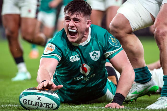 Dan Sheehan celebrates scoring Ireland’s fourth try against England (Evan Treacy/PA)