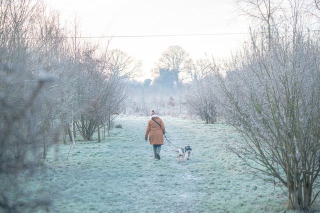 A dog walker crossing a frosty field in Devizes in Wiltshire. (Ben Birchall/PA)