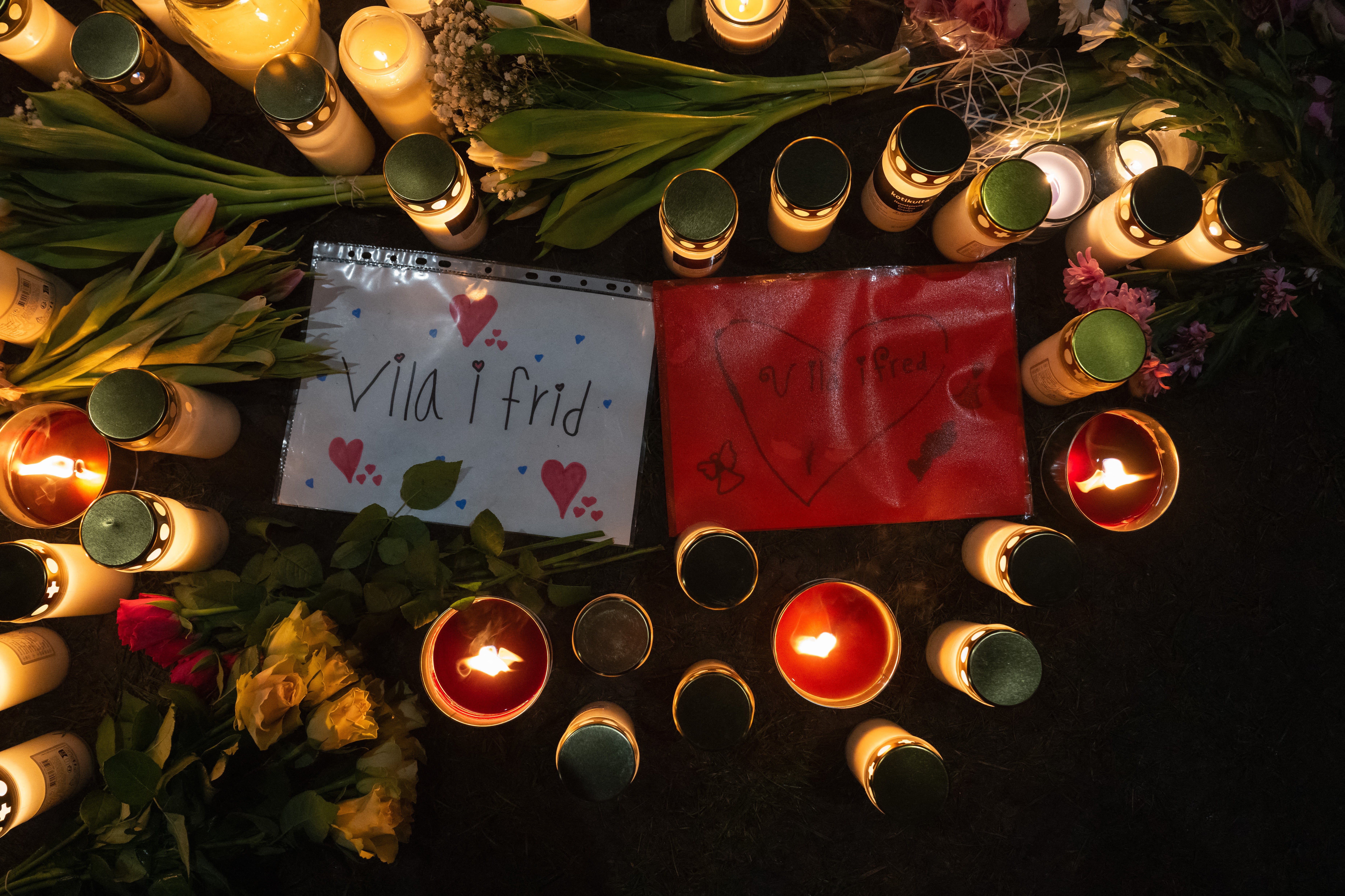 'Rest in Peace' text is pictured at a makeshift vigil near the adult education center Campus Risbergska school in Orebro, Sweden, on 5 February 2025