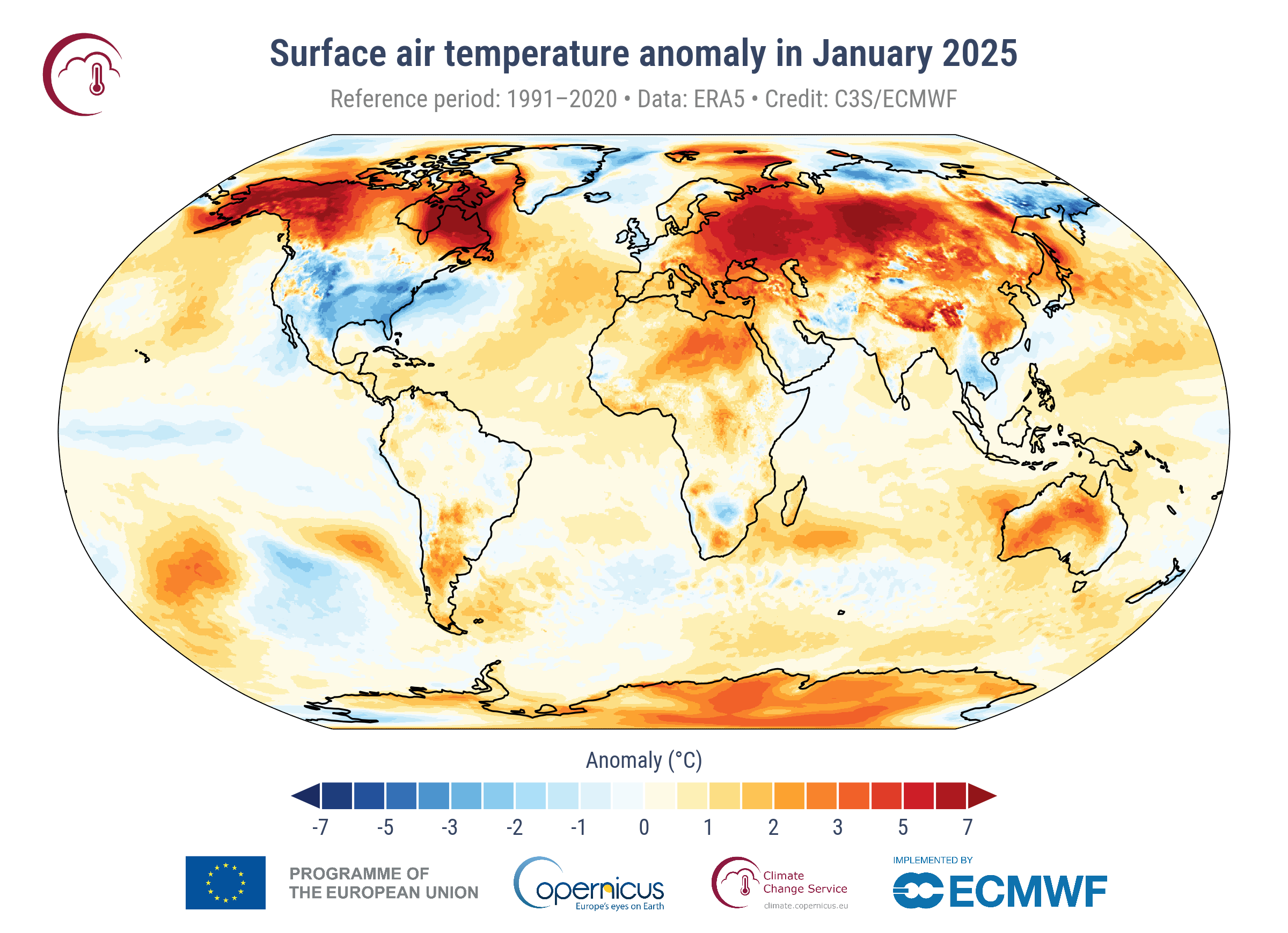 Map shows areas in orange where temperatures were higher in January 2025