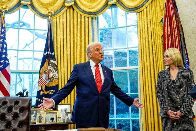 <p>U.S. President Donald Trump reacts on the day of the swearing in ceremony of the U.S. Attorney General, at the White House</p>