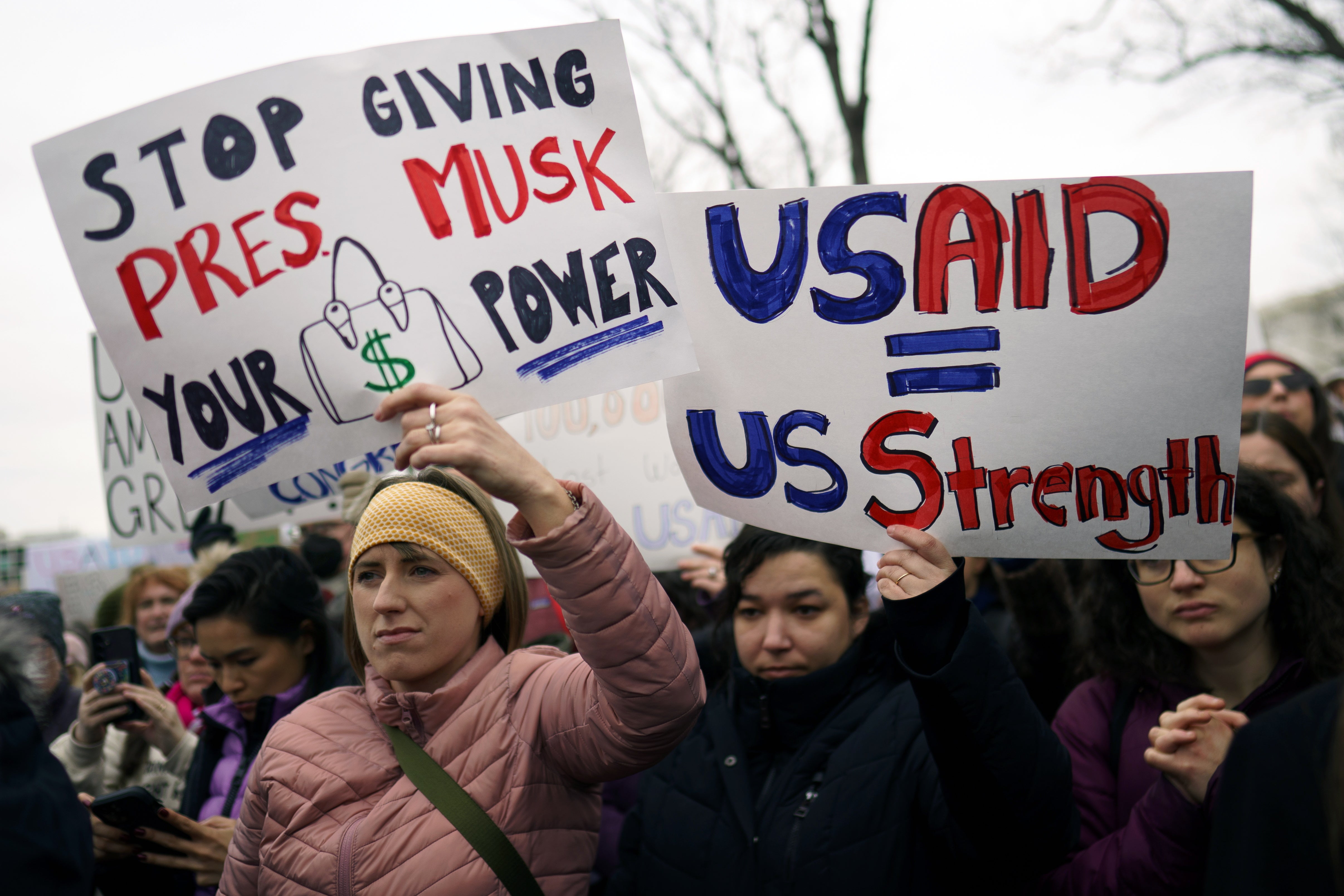 Protesters gather at a rally supporting the United States Agency for International Development near the US Capitol on Wednesday