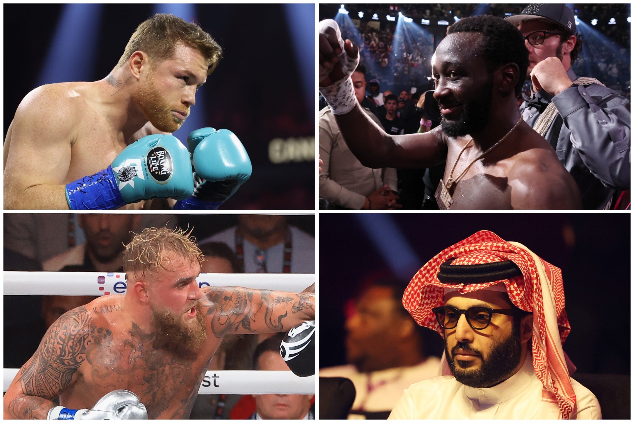 In senso orario dall'alto sinistro: Saul 'Canelo' Alvarez, Terence Crawford, Turki Alalshikh, Jake Paul