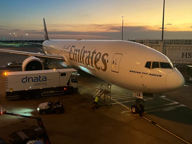 <p>Journey’s end: Emirates Boeing 777 at Melbourne airport after a flight from Singapore</p>