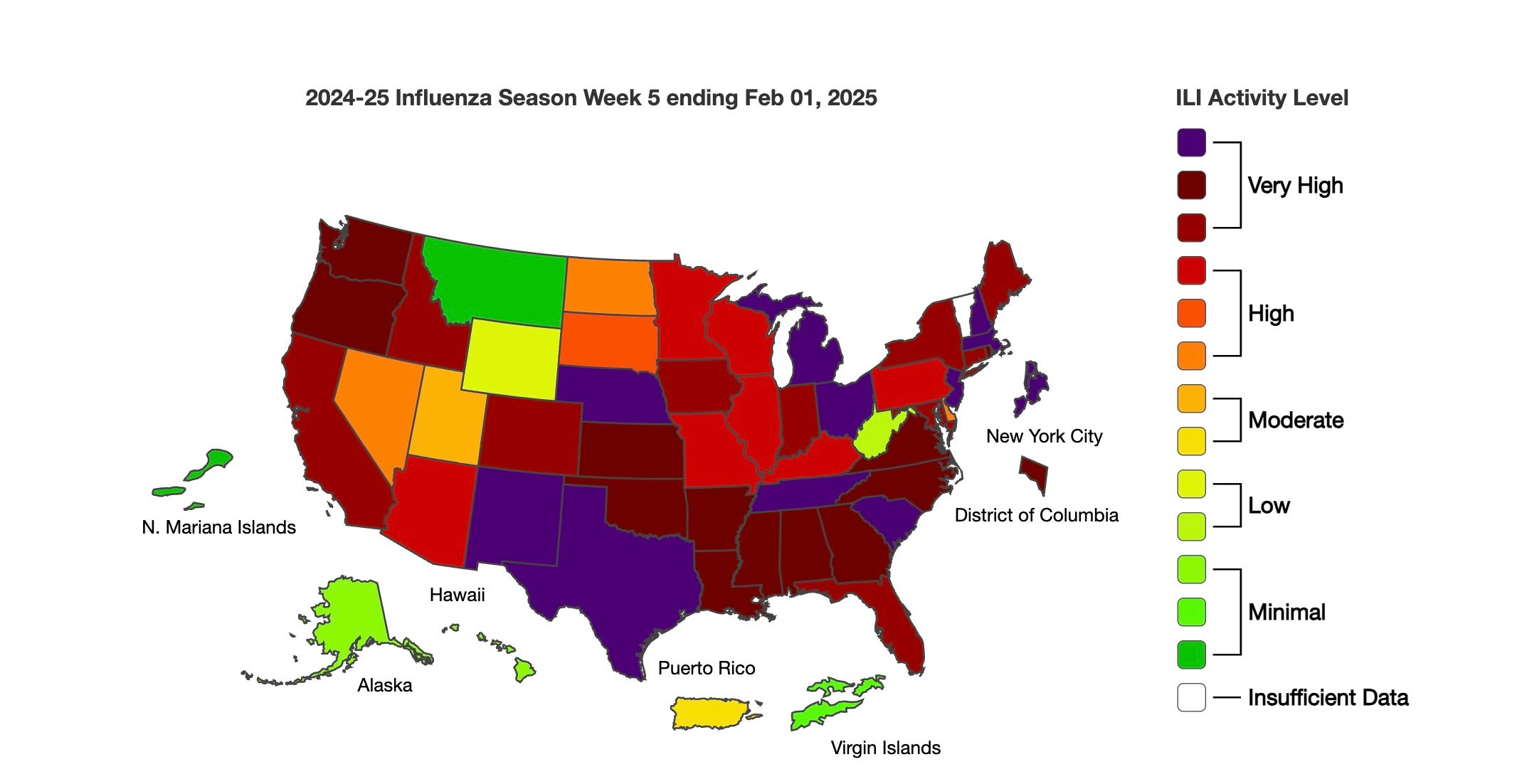 Dozens of U.S. states have high or very high levels of influenza. Flu season typically peaks in February